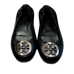 Tory Burch Reva Ballet Flats Black Genuine Leather Silver Logo Womens 8.5 M